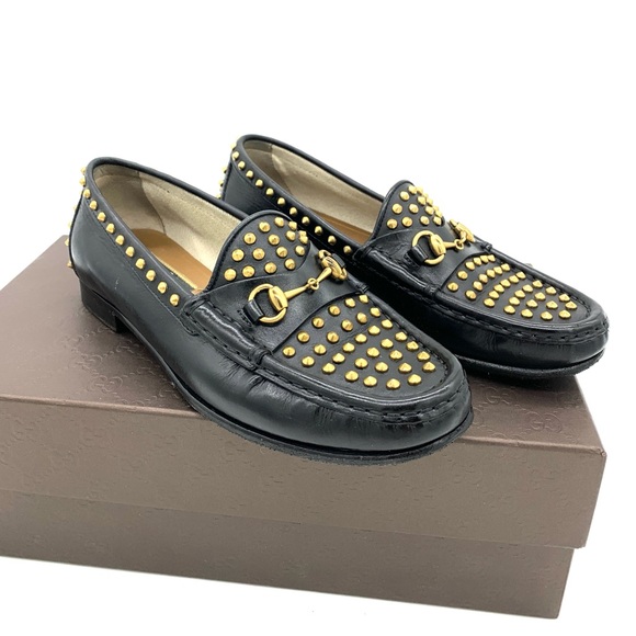 Gucci Betis Glamour Nero Studded Flats Shoes Loafers Horsebit - Picture 1 of 12